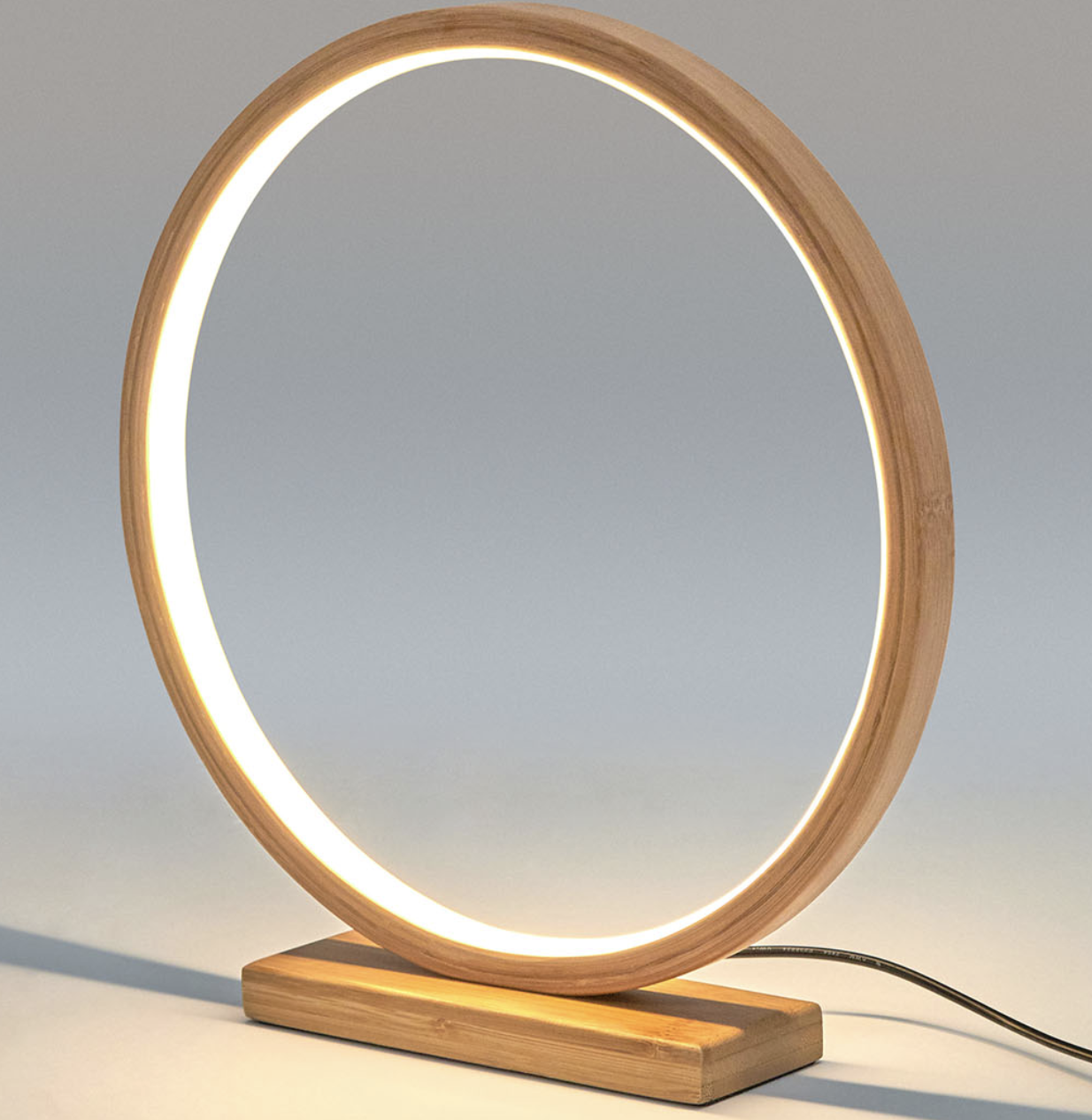 Premium Bamboo Single Ring LED Lamp with Sturdy Base - Natural