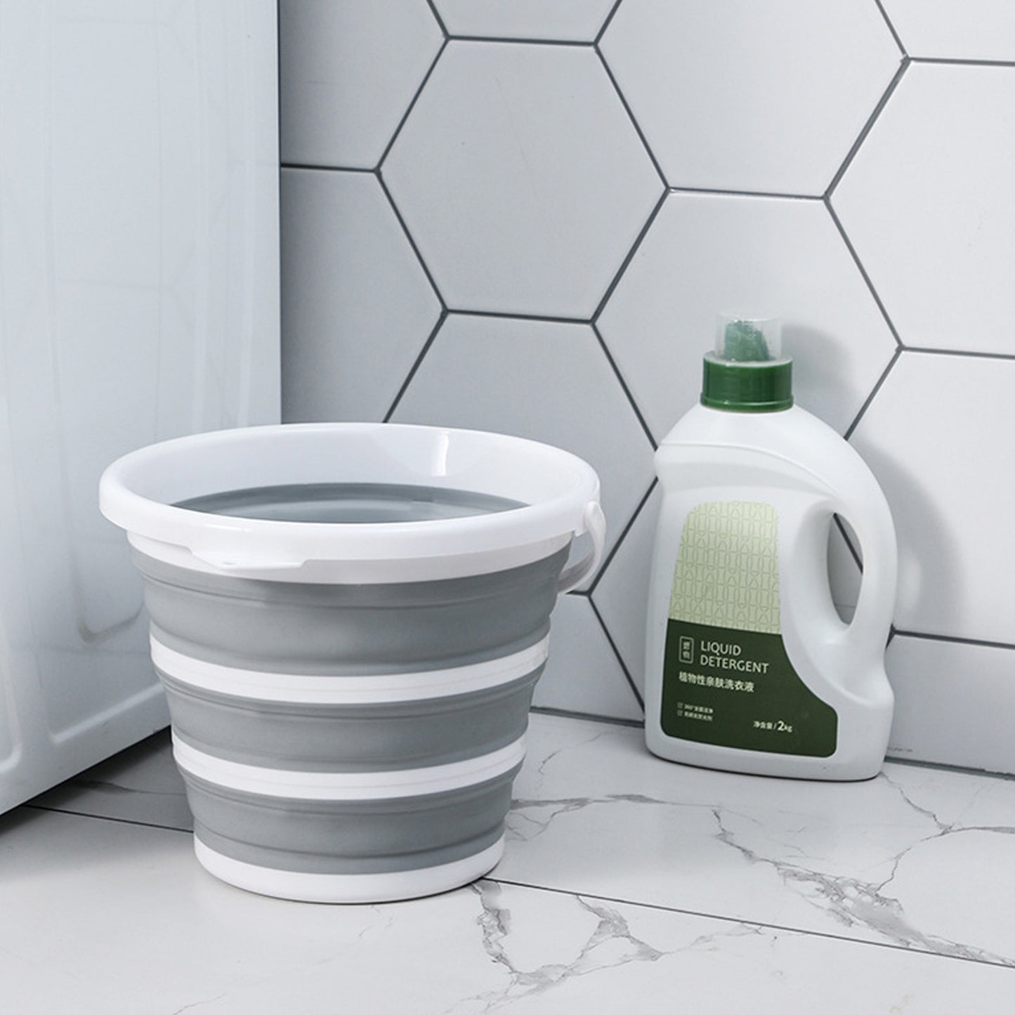 10L Foldable Collapsible Bucket Silicone for Hiking, Camping, Fishing - Grey/White