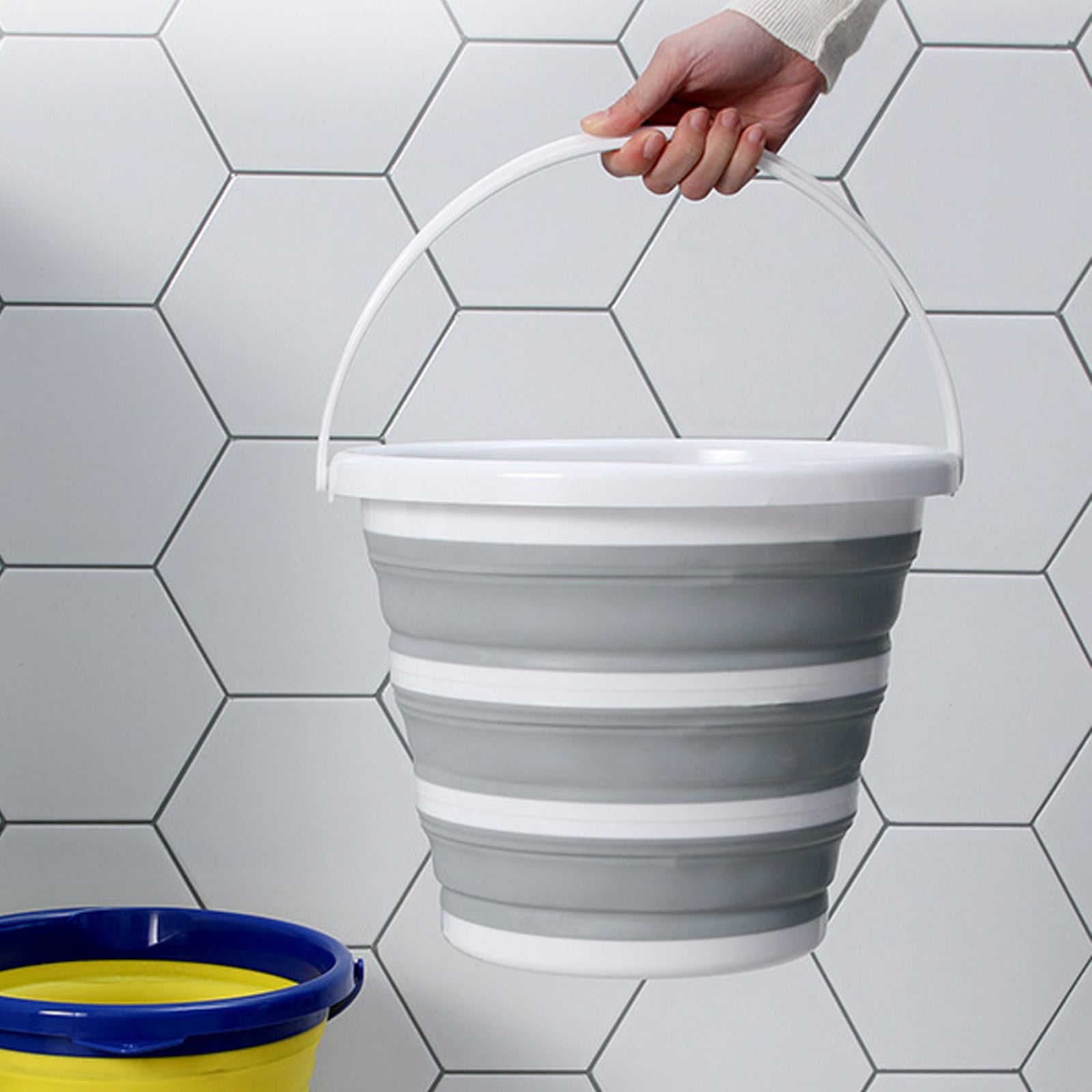 10L Foldable Collapsible Bucket Silicone for Hiking, Camping, Fishing - Grey/White - SuperSaverAU - view 2