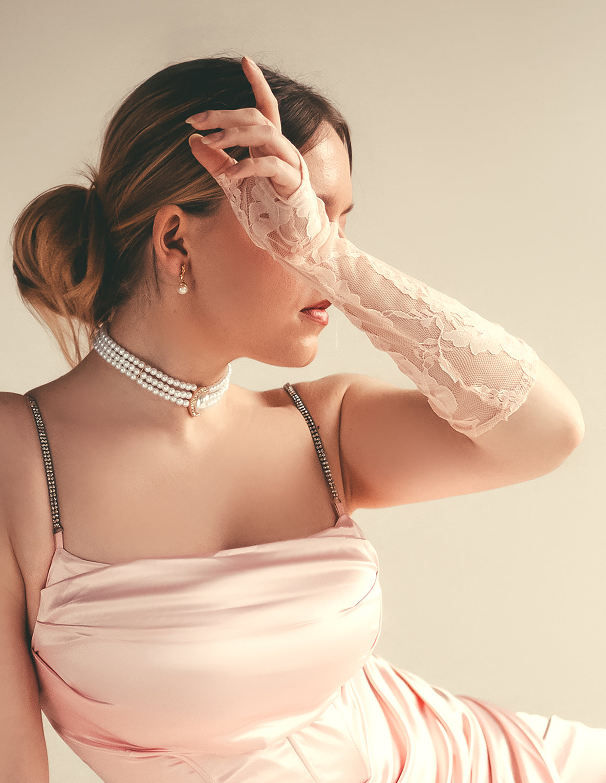 Women's Lace Fingerless Elbow-Length Gloves by Dents - Blush