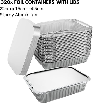 320x Aluminium Disposable Foil Food Container Trays Pans w/ Lids Covers Bulk 22x15x4.5cm