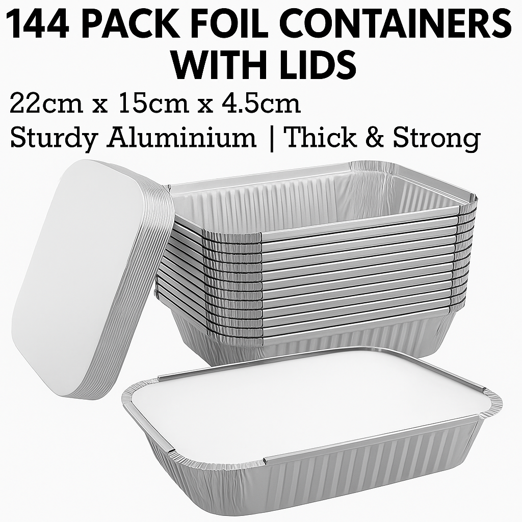 Premium Aluminium Foil Food Containers with Lids – 22 x 15 x 4.5cm, 144 Pack