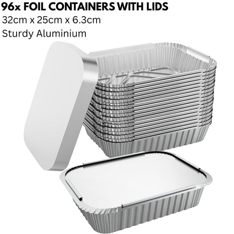 96x Aluminium Disposable Foil Food Container Trays w/ Lids 32cm x 26cm x 6.3cm - SuperSaverAU - view 2