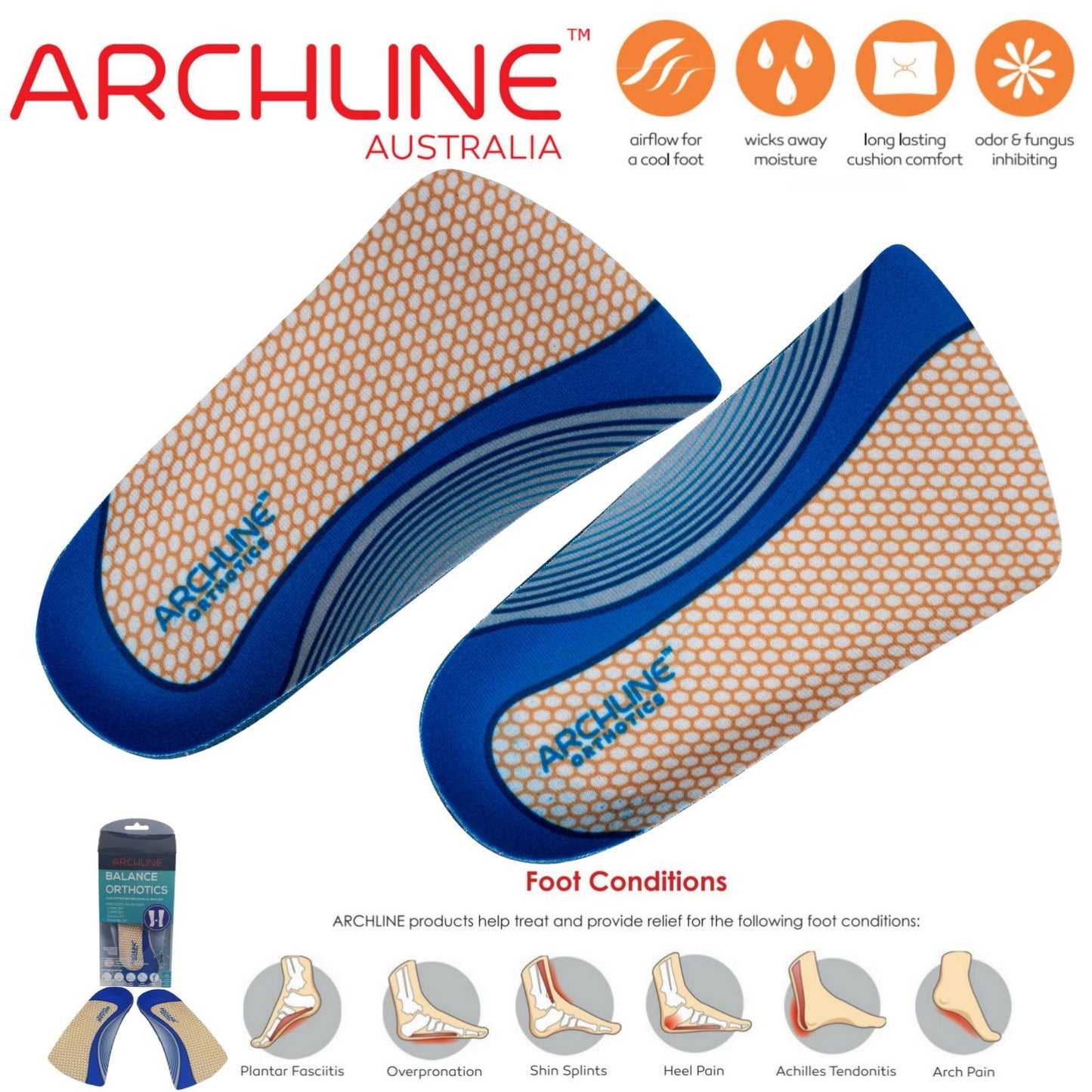 ARCHLINE 3/4 Slim Orthotics EUR 43 for Plantar Fasciitis, Arch Support, Comfort