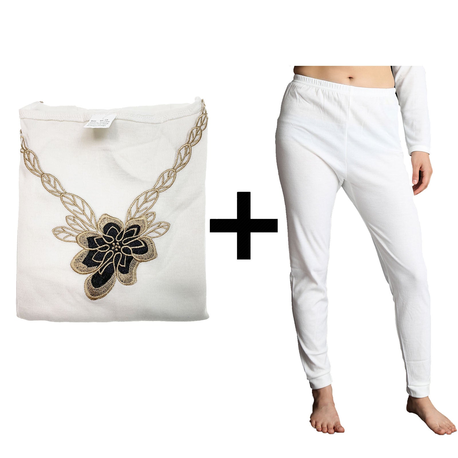 Premium Women's Beige Merino Wool Blend Thermal Top and Pants Set 10-12