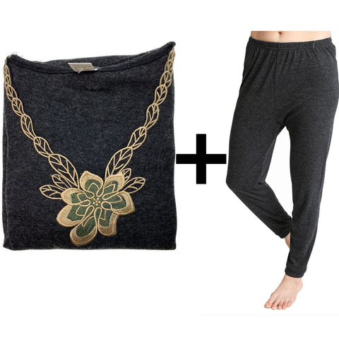 Premium Women's Black Merino Wool Blend Thermal Top and Pants Set 12-14