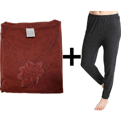 Premium Women's Burgundy Black Merino Wool Blend Thermal Top and Pants Set 20-22