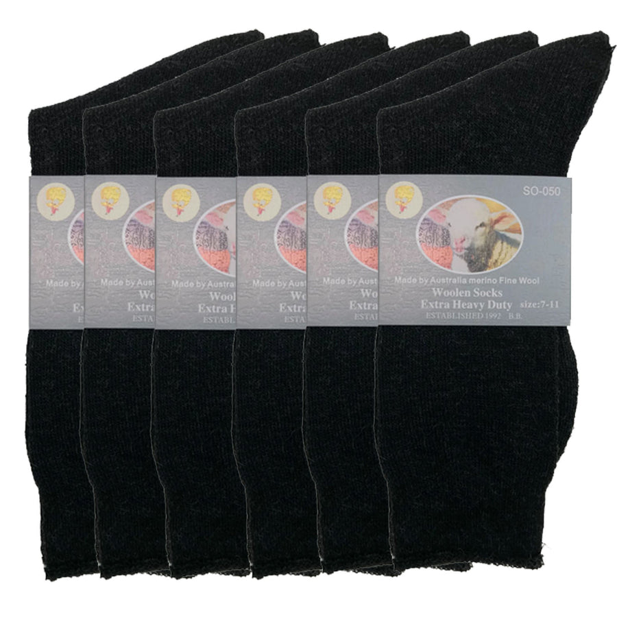 Premium 6 Pair Black Merino Wool Blend Heavy Duty Work Socks 11-14