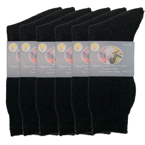 Premium 6 Pair Black Merino Wool Blend Heavy Duty Work Socks 7-11