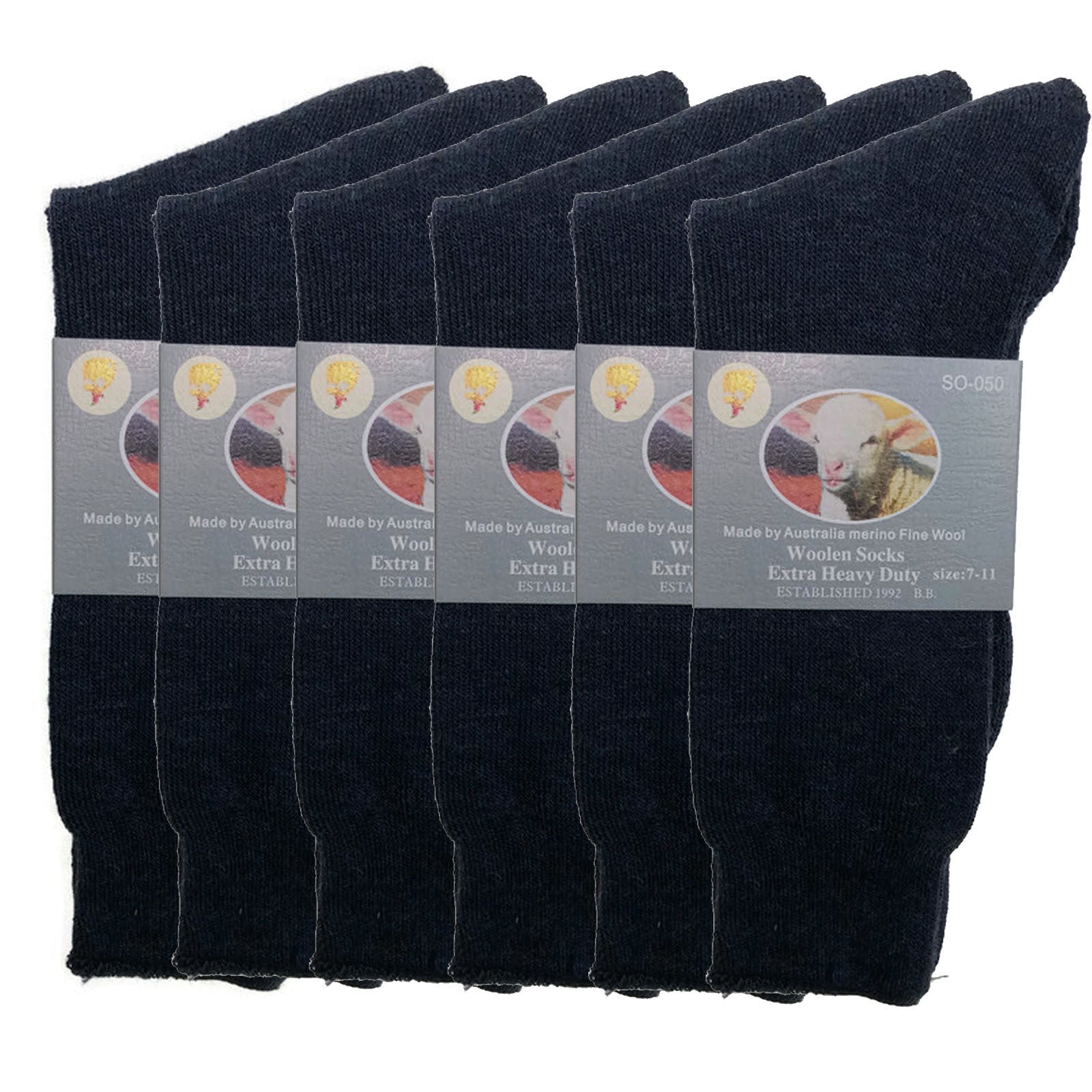 Premium 6 Pair Navy Merino Wool Blend Heavy Duty Work Socks 7-11