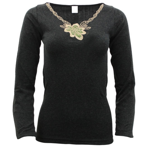Premium Women's Black Merino Wool Blend V Neck Thermal Top 14-16