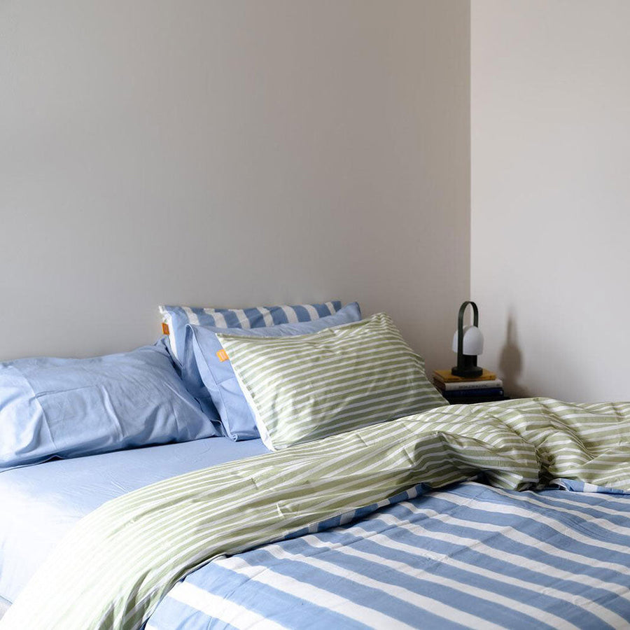 Harmony 100% Cotton Duvet Cover Set w/ 2 Pillow Cases, Reversible Blue/Green Stripe - Double - SuperSaverAU - view 1