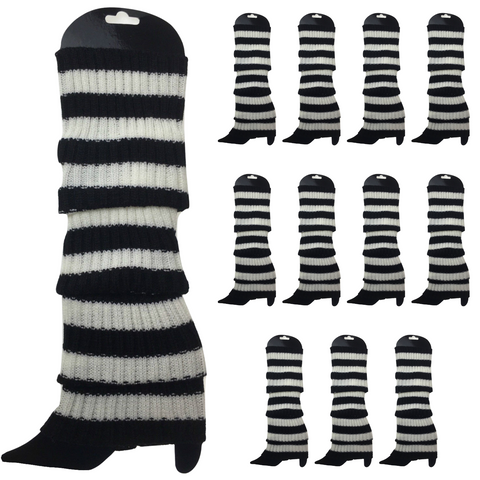 Premium 12 Pair Women's 80s Knit Leg Warmers Black White Stripe