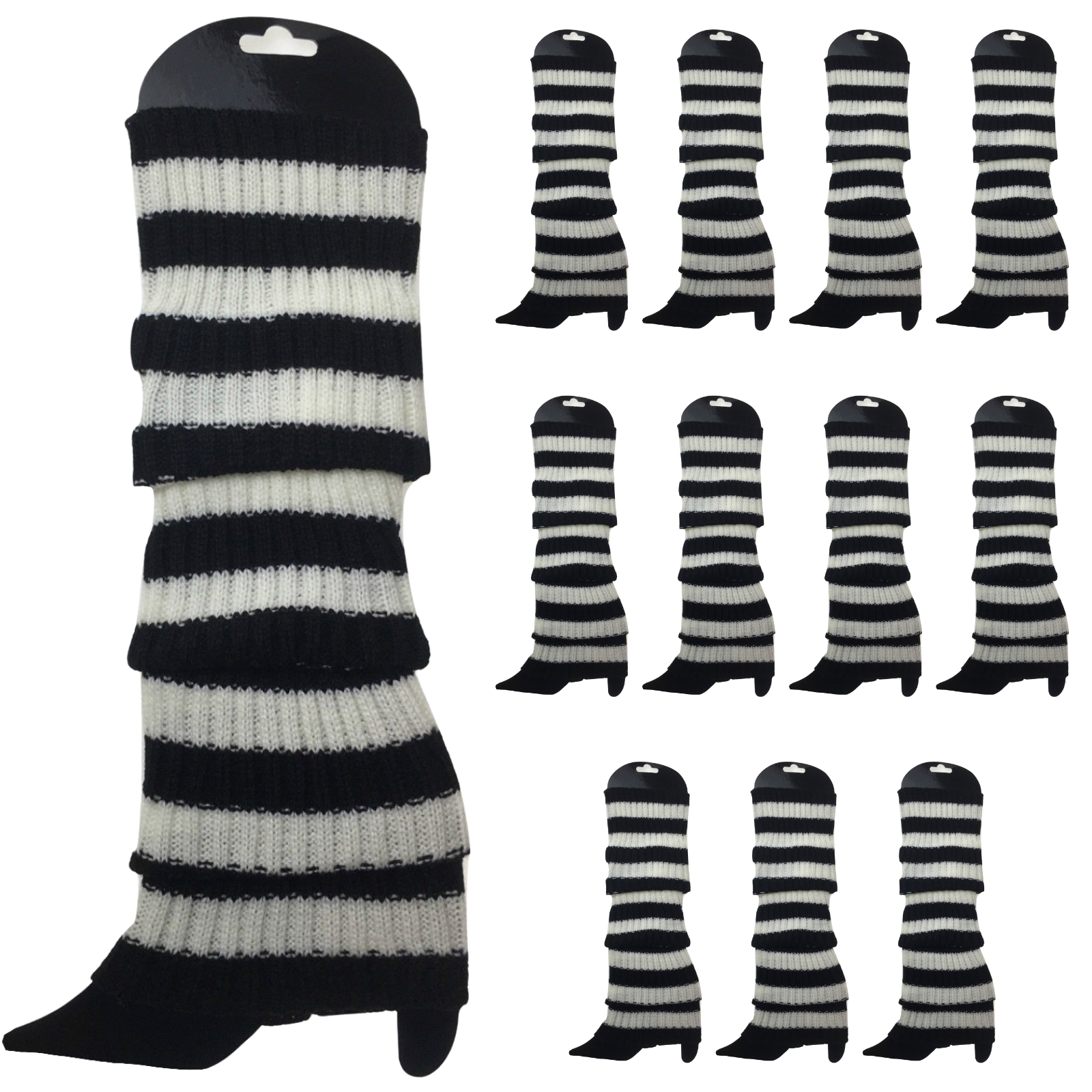 Premium 12 Pair Women's 80s Knit Leg Warmers Black White Stripe