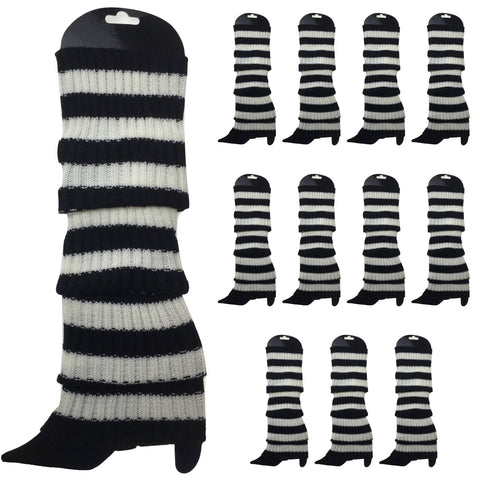 Premium 12 Pair Women's 80s Knit Leg Warmers Black White Stripe