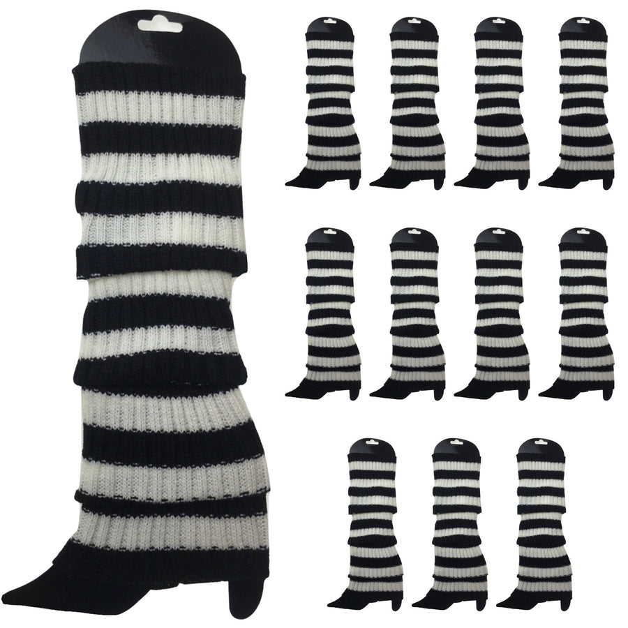 Premium 12 Pair Women's 80s Knit Leg Warmers Black White Stripe