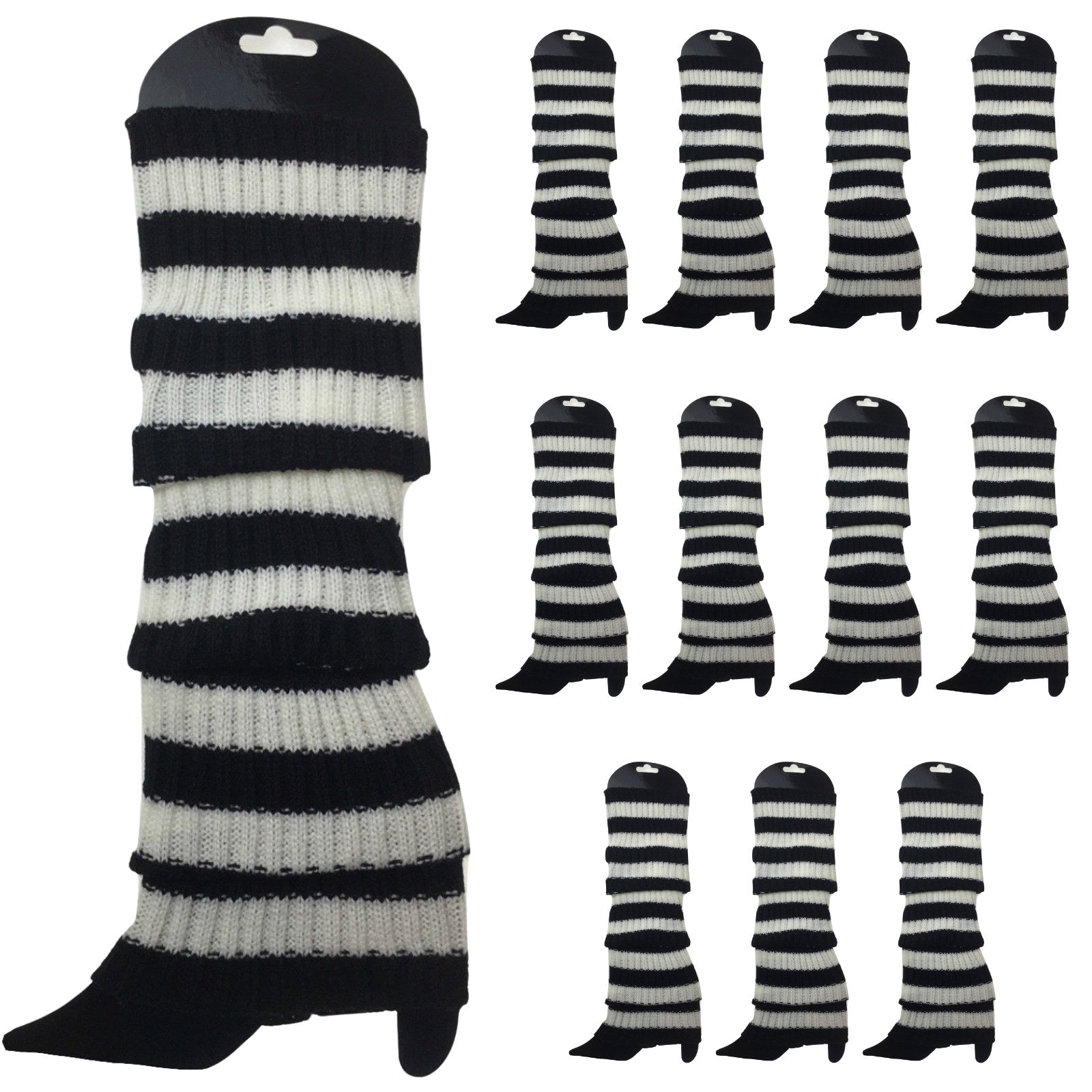 Premium 12 Pair Women's 80s Knit Leg Warmers Black White Stripe