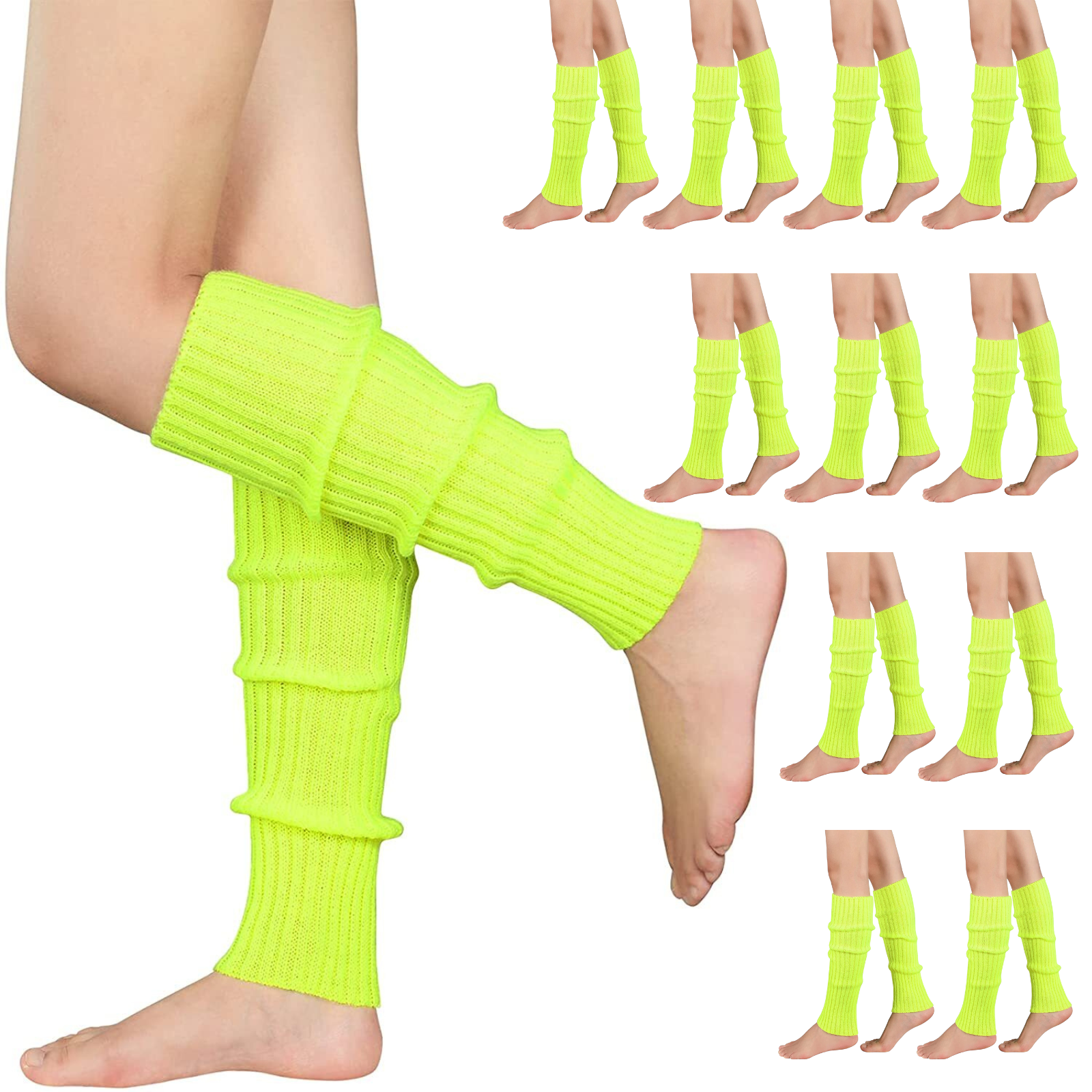 Premium 12 Pair Women's 80s Knit Leg Warmers Fluro Yellow
