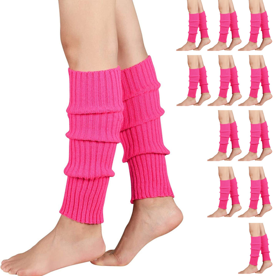 Premium 12 Pair Women's 80s Knit Leg Warmers Hot Pink