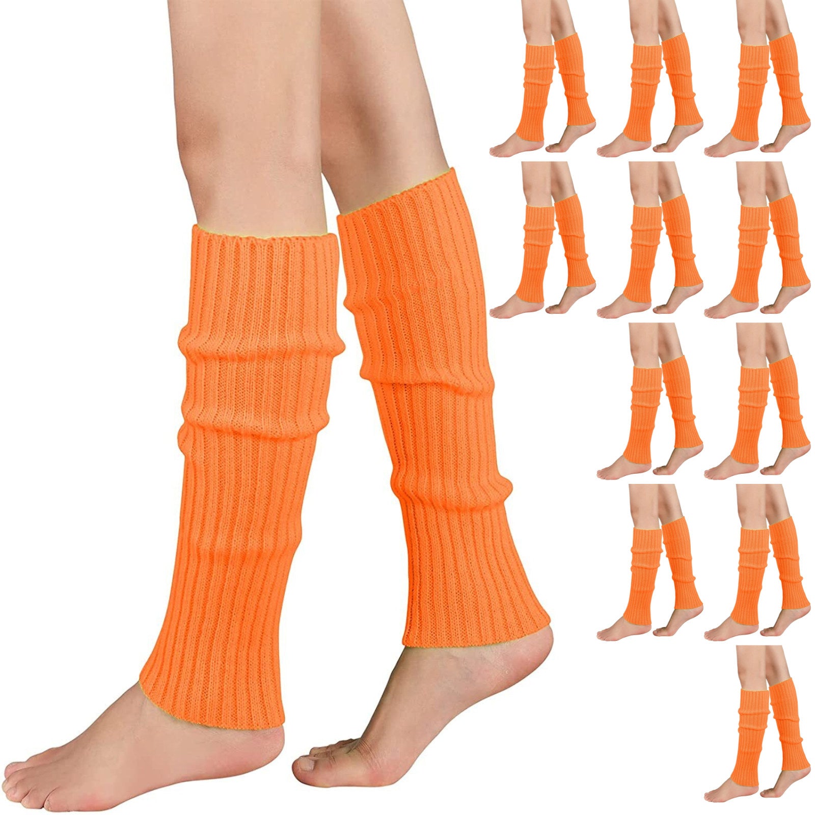 Premium 12 Pair Orange Women's 80s Knit Leg Warmers Bulk Pack