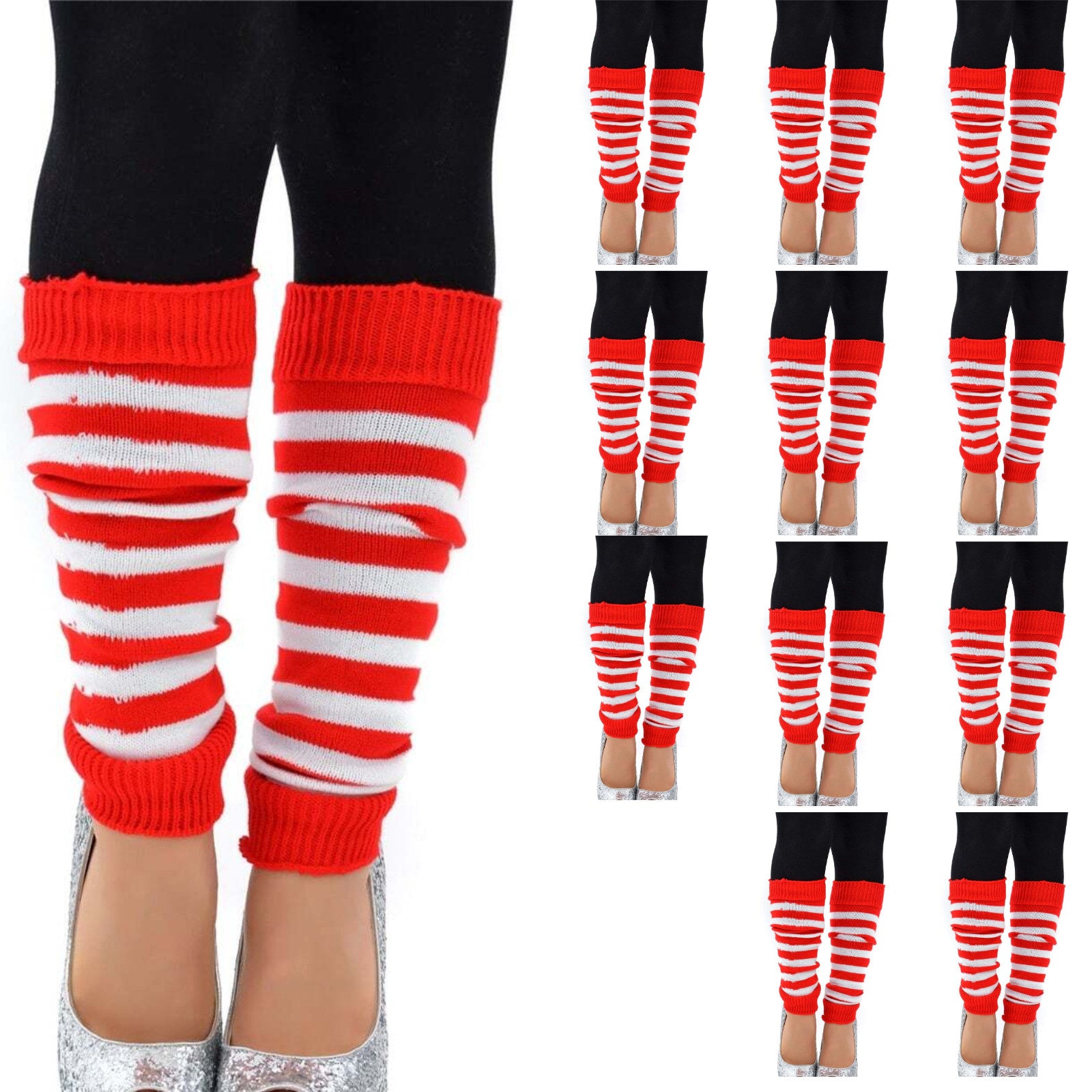 Premium 12 Pair Red White Stripe Women's 80s Knit Leg Warmers