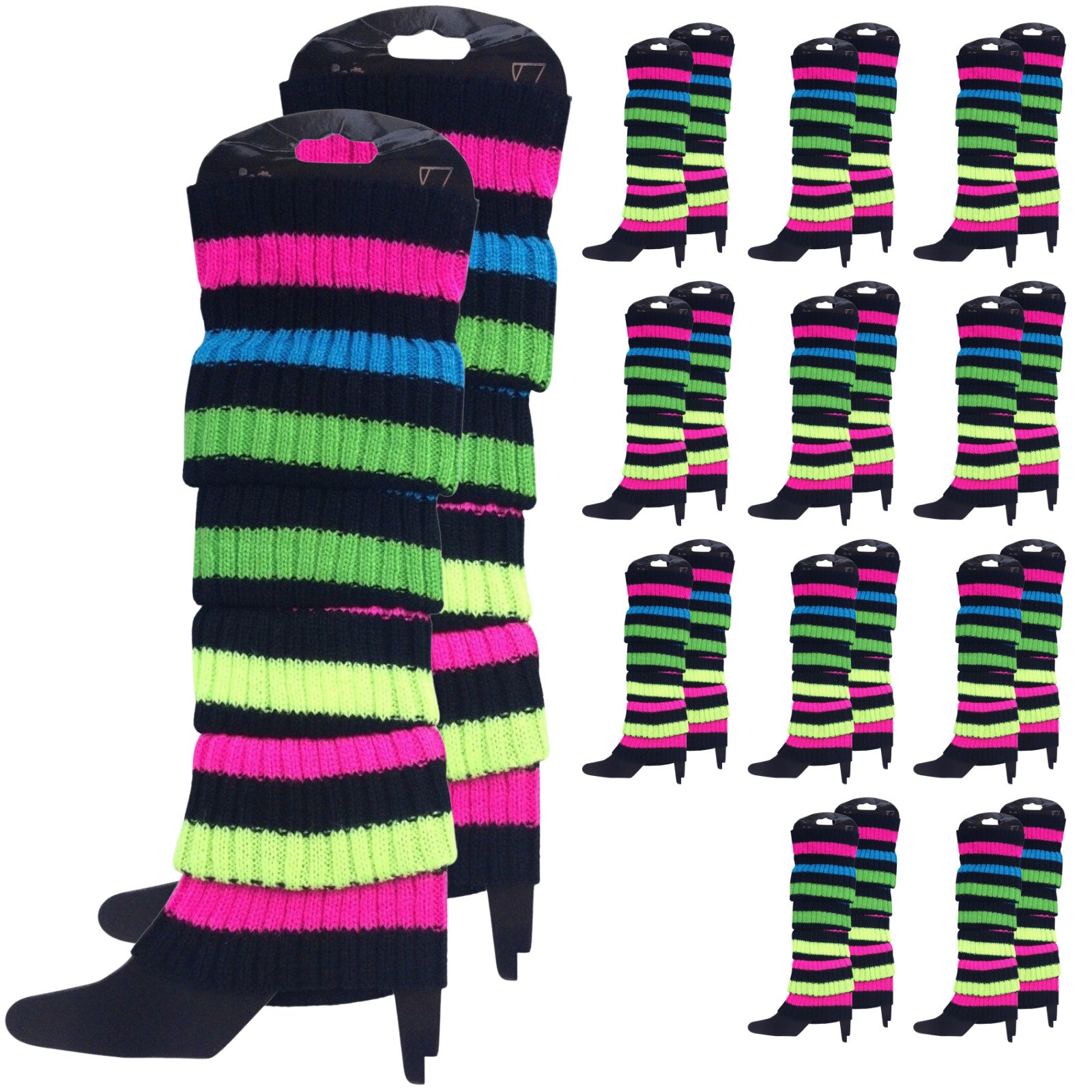 Premium 12 Pair Rainbow Black Stripe Women's 80s Knit Leg Warmers