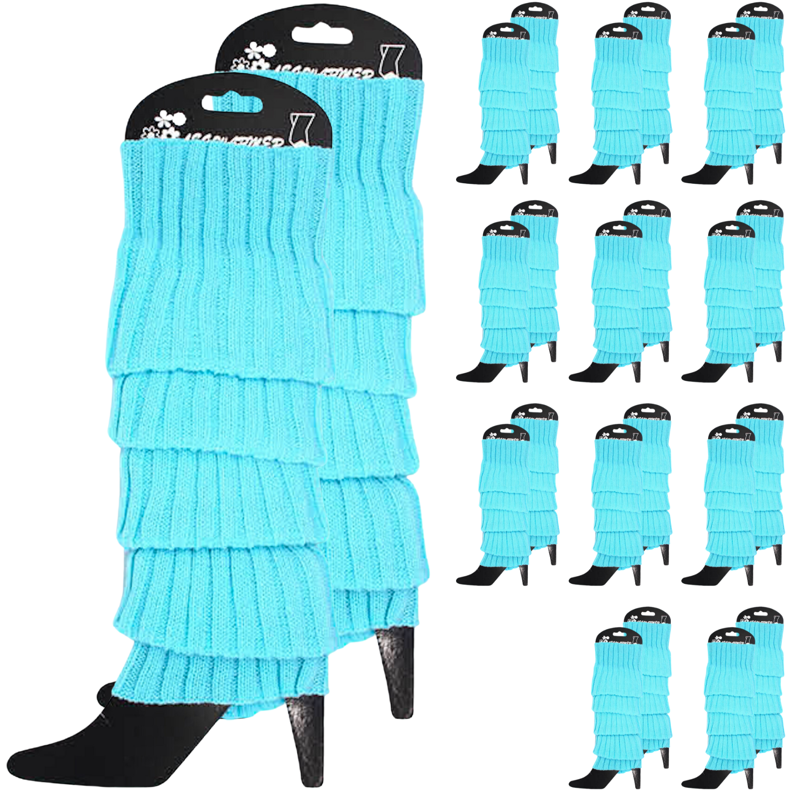Premium 12 Pair Sky Blue Women's 80s Knit Leg Warmers Bulk Pack