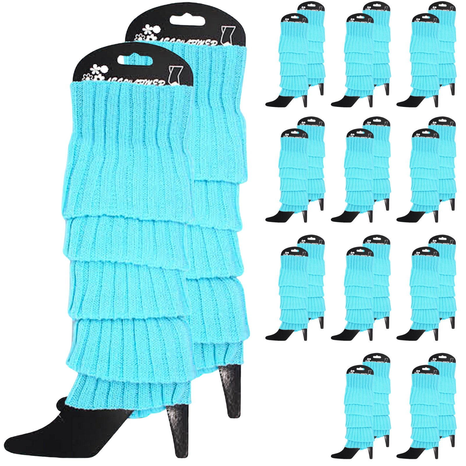 Premium 12 Pair Sky Blue Women's 80s Knit Leg Warmers Bulk Pack