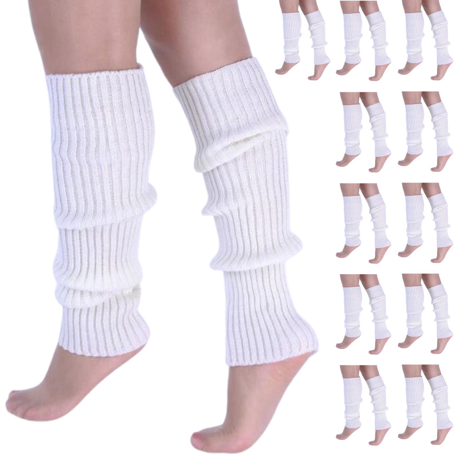Premium 12 Pair White Women's 80s Knit Leg Warmers Bulk Pack