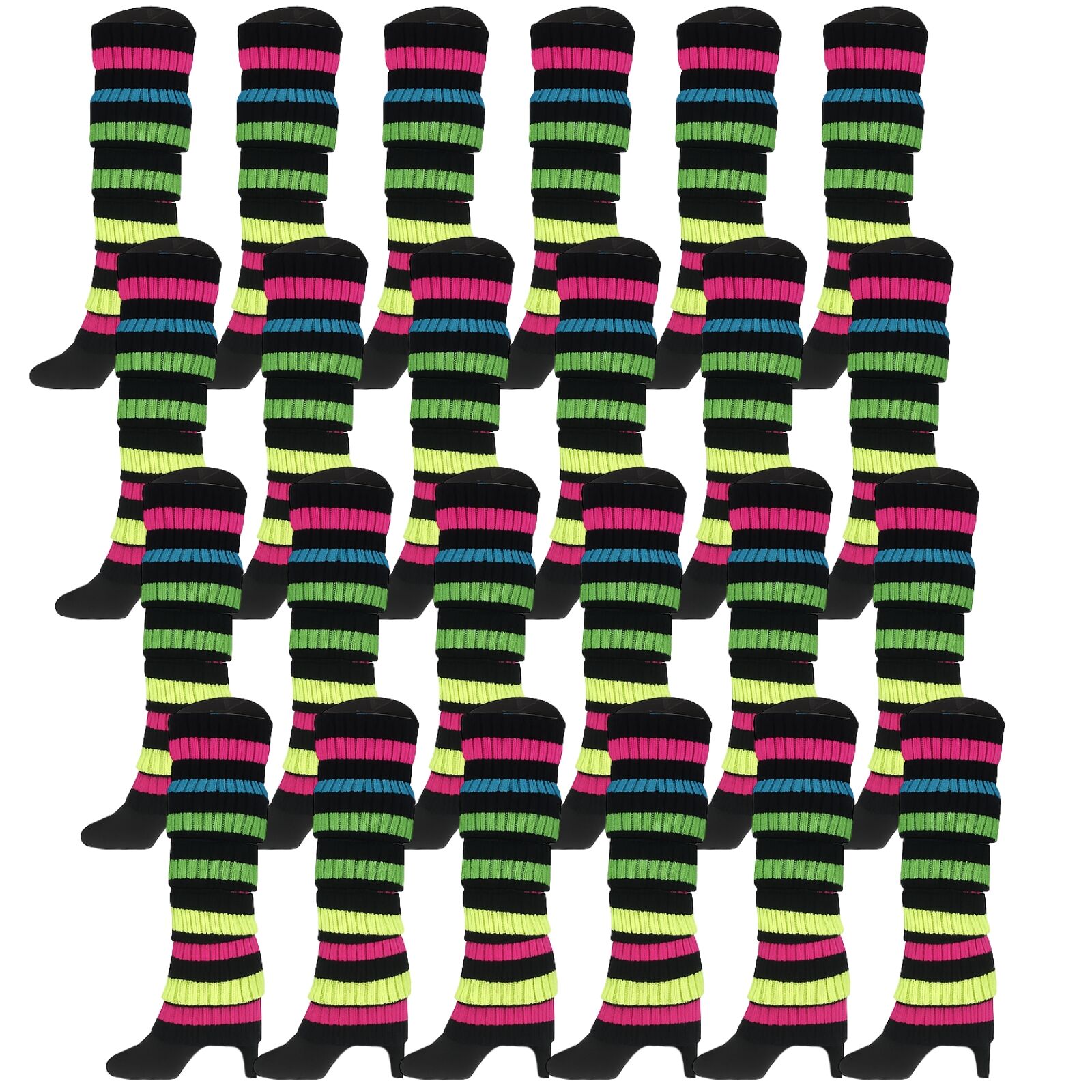 Premium 24 Pair Rainbow Black Stripe Women's 80s Knit Leg Warmers