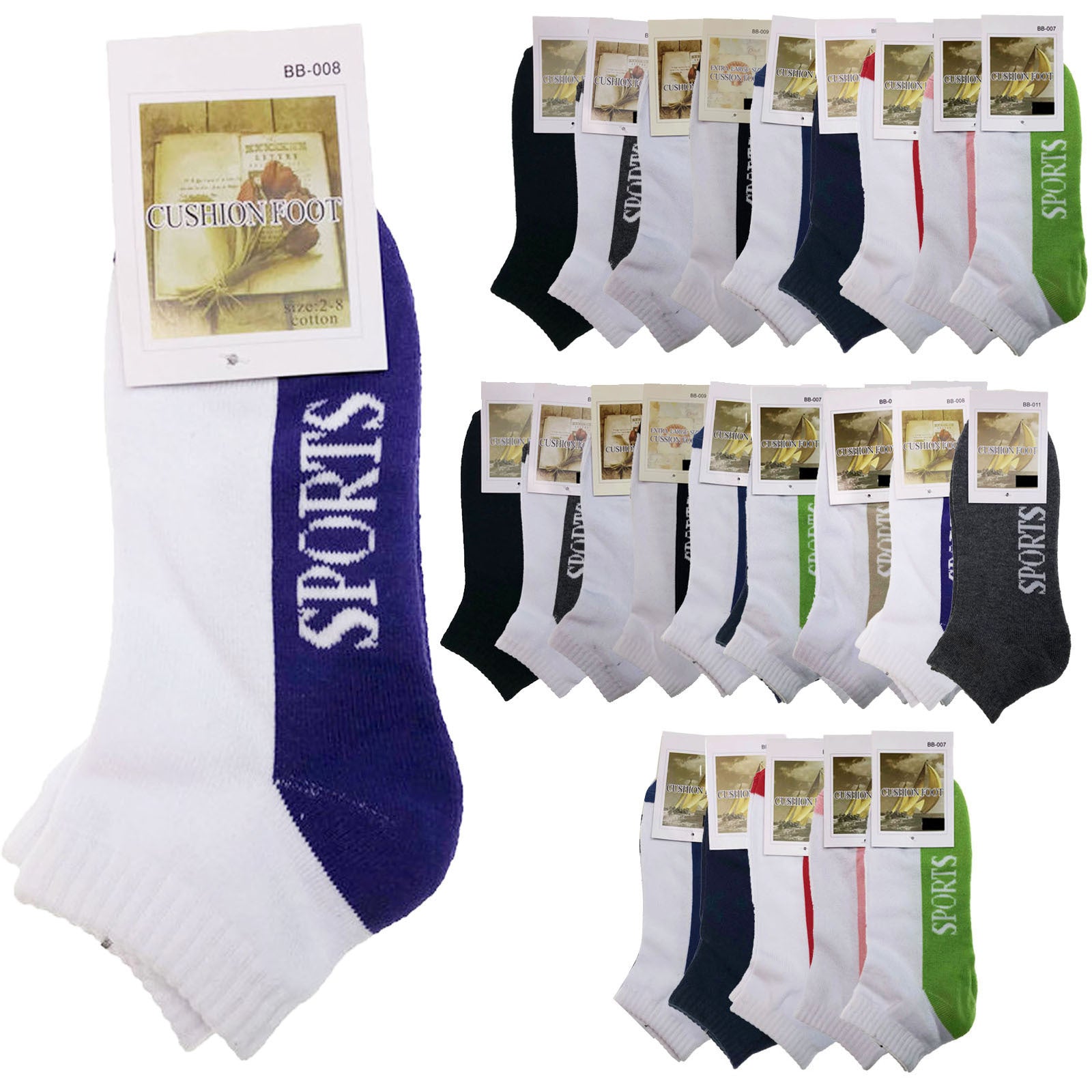 Premium 24 Pair Assorted Cotton Cushion Ankle Sport Socks 11-14