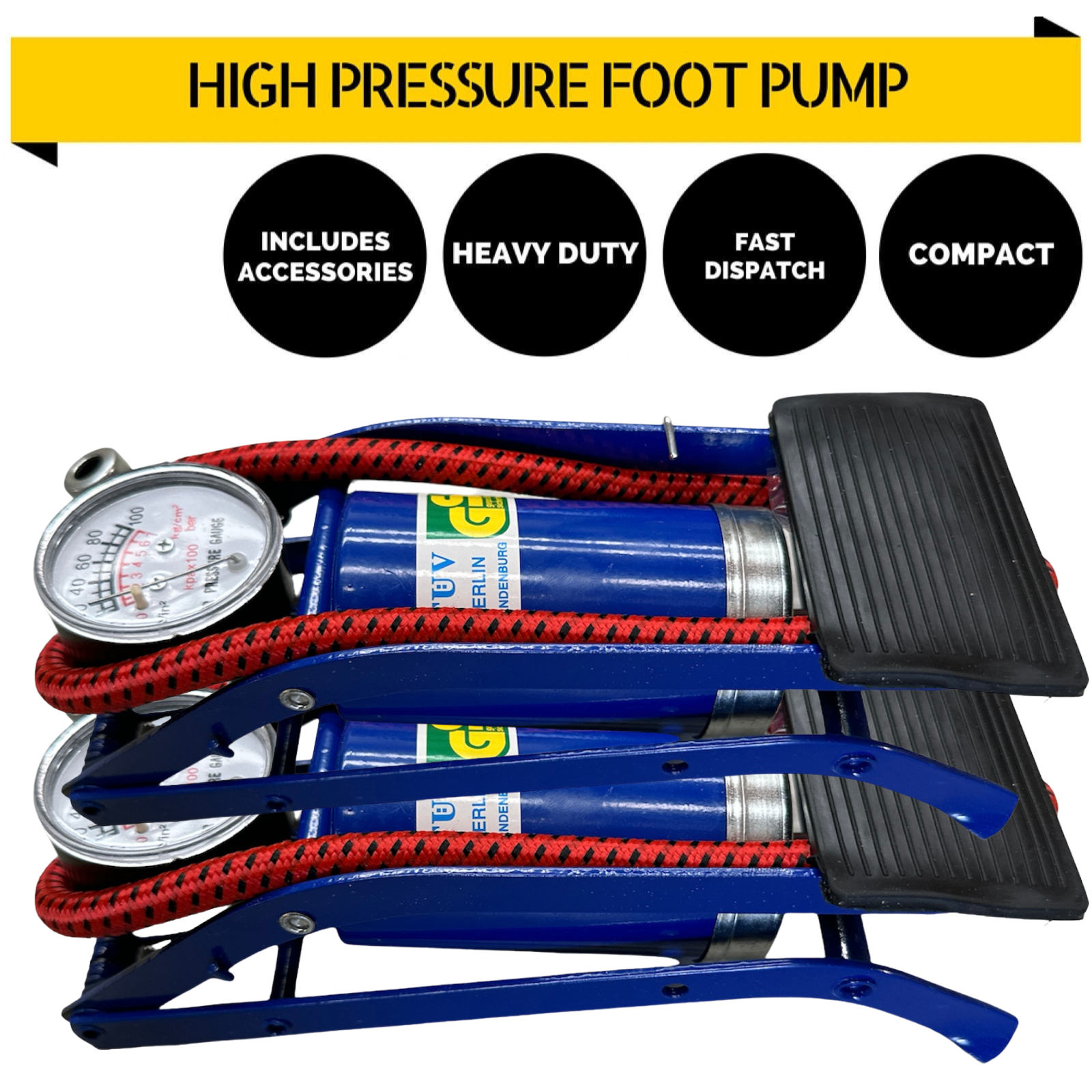 2x HIGH PRESSURE FOOT PUMP Ball Bicycle Motorbike Car Tire Inflator Tyre Air - SuperSaverAU - view 2