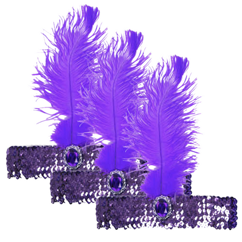 Premium 1920s Flapper Headbands with Feather - Purple, 3 Pack