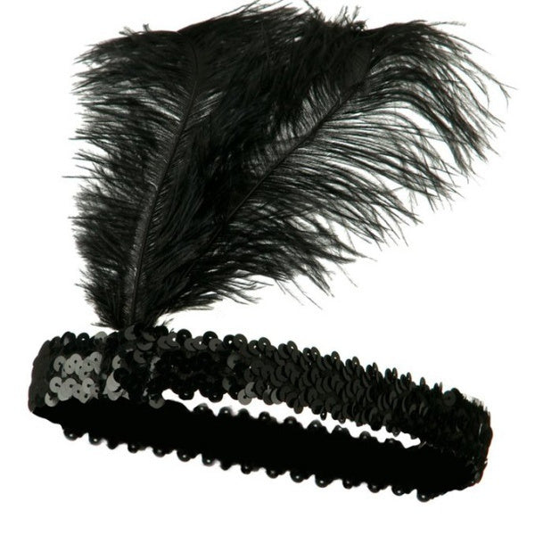 1920s FLAPPER HEADBAND Headpiece Feather Sequin Charleston Costume Gatsby Dance - Black - SuperSaverAU - view 2