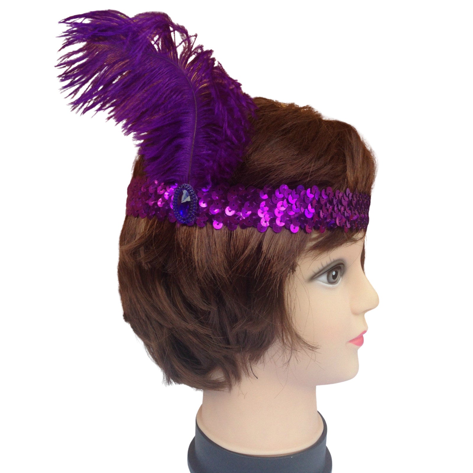 Premium 1920s Flapper Headband with Feather - Purple