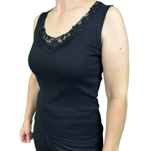 Premium Women's Black Cotton Lace Motif Sleeveless Singlet Top 10-12