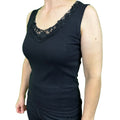 Premium Women's Black Cotton Lace Motif Sleeveless Singlet Top 16-18