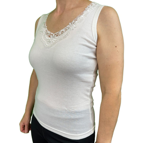 Premium Women's Natural Cotton Lace Motif Sleeveless Singlet Top 12-14
