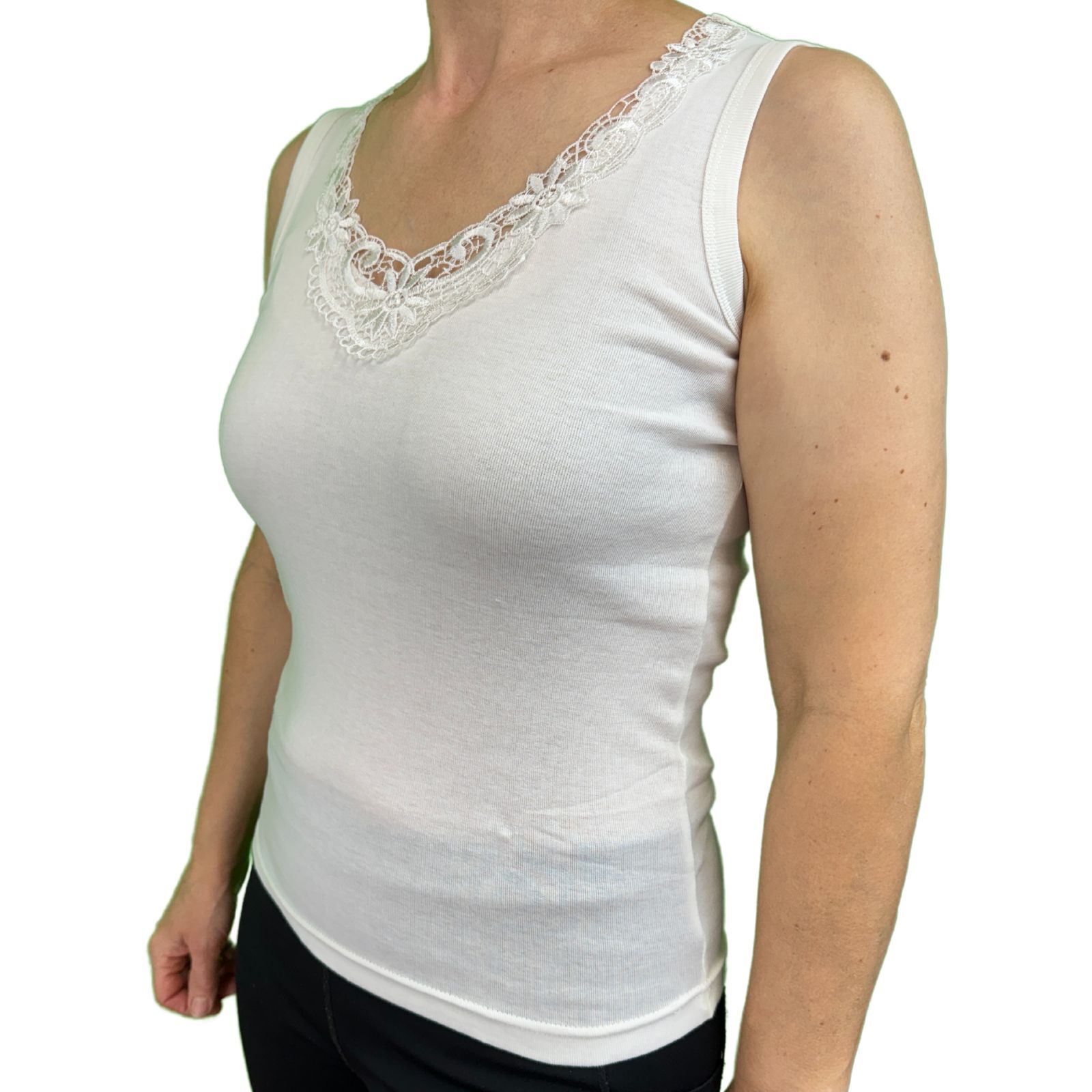Premium Women's Natural Cotton Lace Motif Sleeveless Singlet Top 16-18