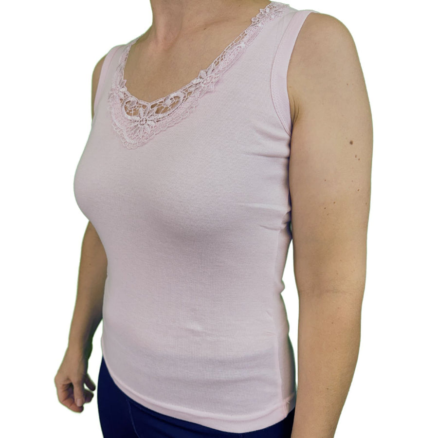 Premium Women's Pink Cotton Lace Motif Sleeveless Singlet Top 10-12