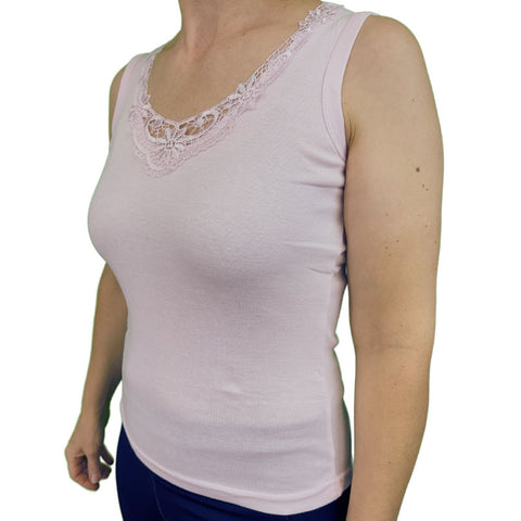 Premium Women's Pink Cotton Lace Motif Sleeveless Singlet Top 18-20