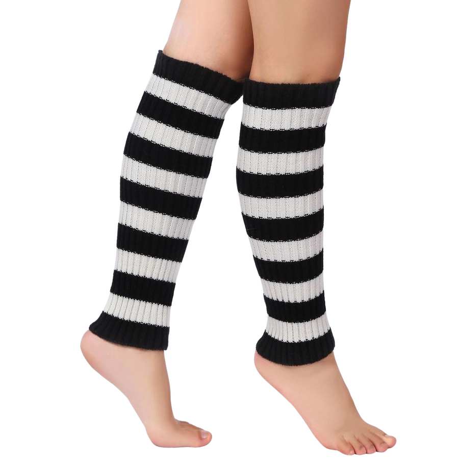 Premium Women's Knitted Leg Warmers Pair - Black/White Stripe