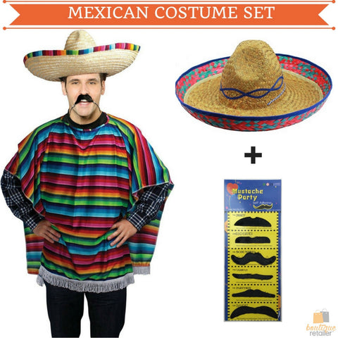 MEXICAN PONCHO & SOMBRERO SET Costume Wild West Moustache Cowboy Bandit Party - SuperSaverAU - view 2