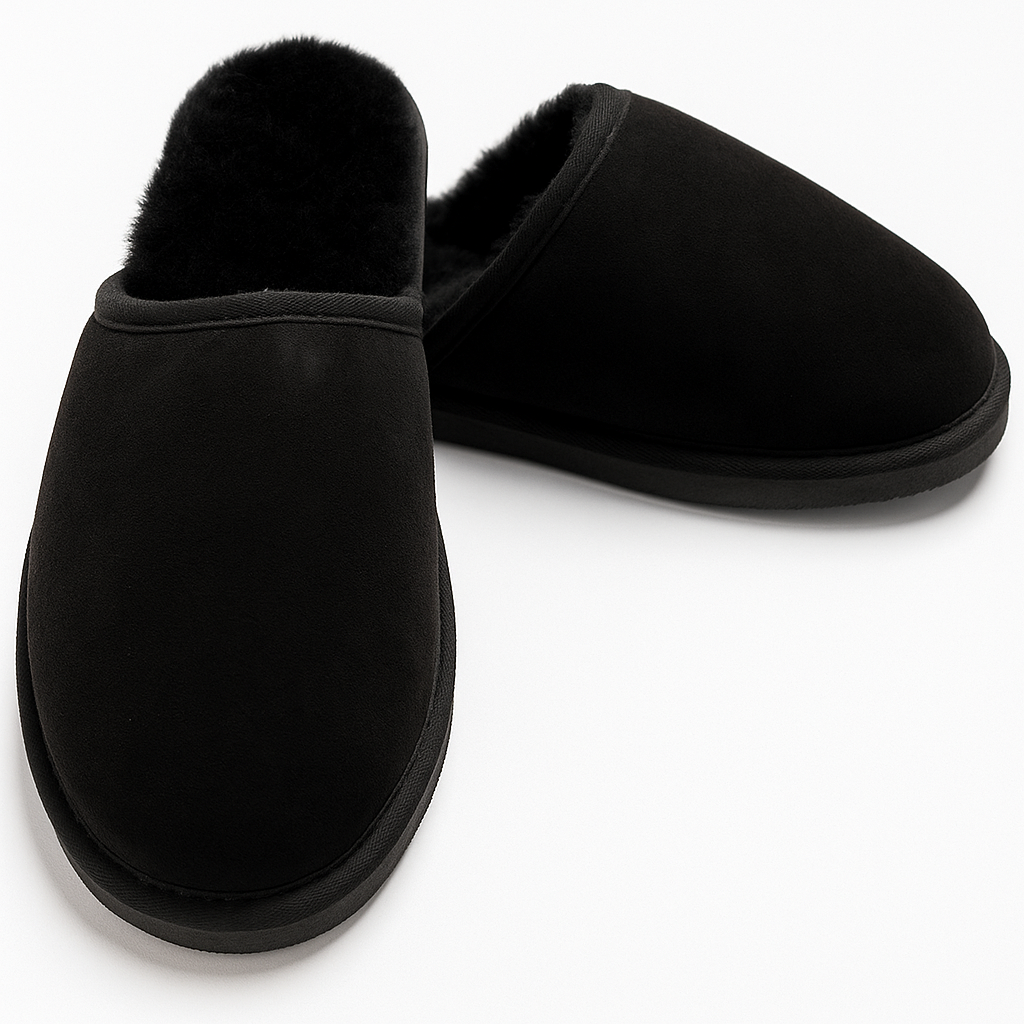 Sheepskin Wool Mens Slippers Scuffs Slip On Winter Ugg Slippers in Black - 8