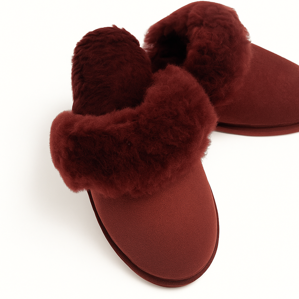 Premium Women's Burgundy Red Sheepskin Wool Scuff Slippers Size 8
