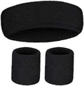 WRISTBAND & HEADBAND SET Tennis Terry Towelling Cotton Sweat Band Team Gym  - Black - SuperSaverAU - view 1