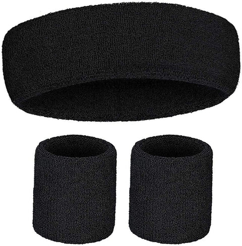 WRISTBAND & HEADBAND SET Tennis Terry Towelling Cotton Sweat Band Team Gym  - Black - SuperSaverAU - view 1