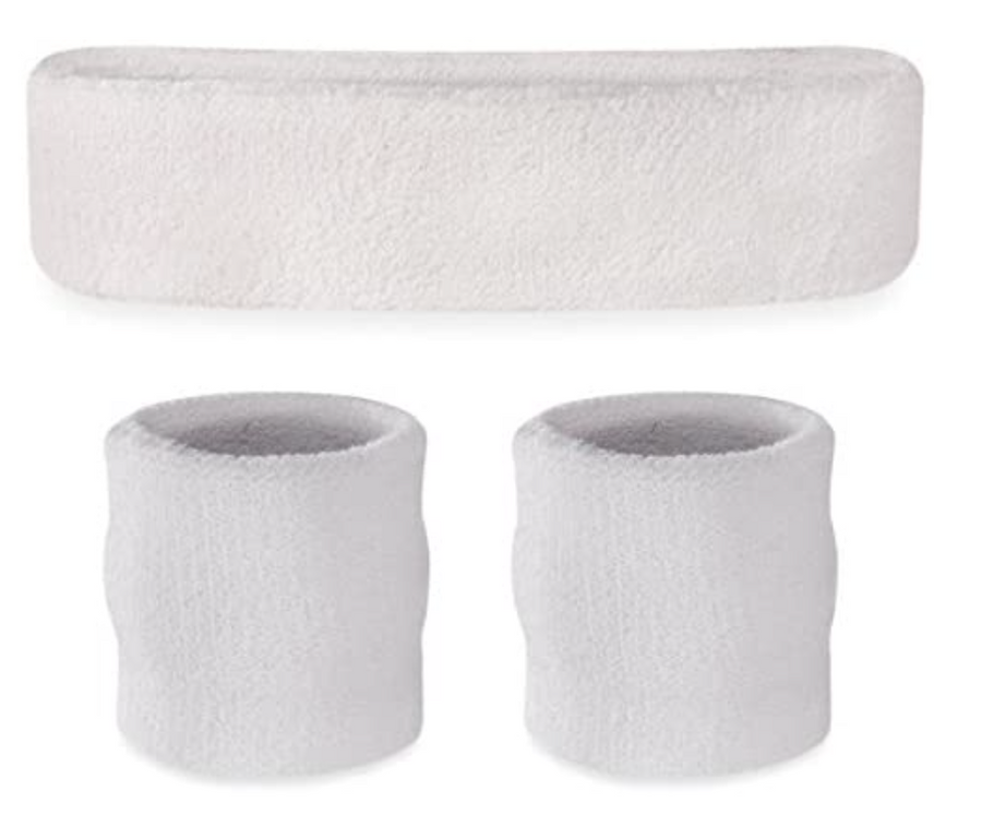 WRISTBAND & HEADBAND SET Tennis Terry Towelling Cotton Sweat Band Team Gym  - White - SuperSaverAU - view 1