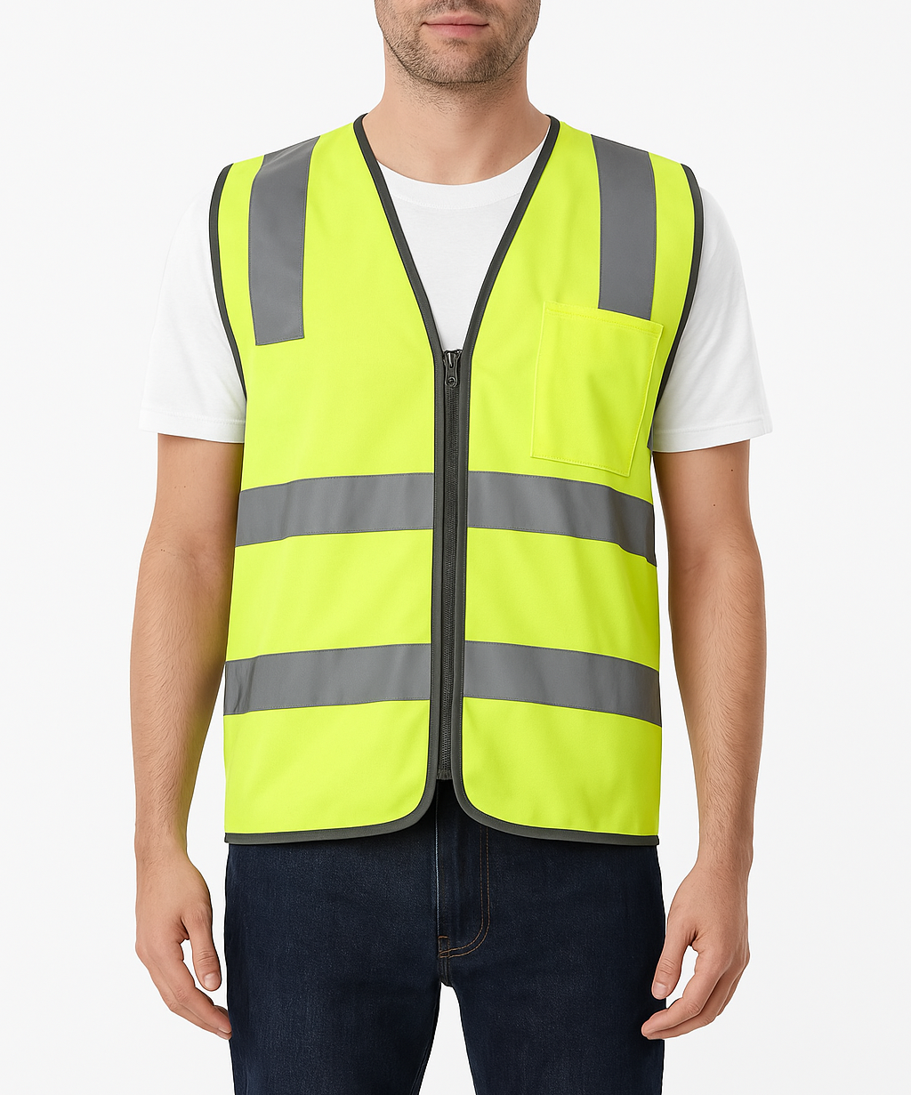 Hi Vis Safety Vest Reflective Tape Zip Up Workwear Pocket High Visibility in Yellow - M