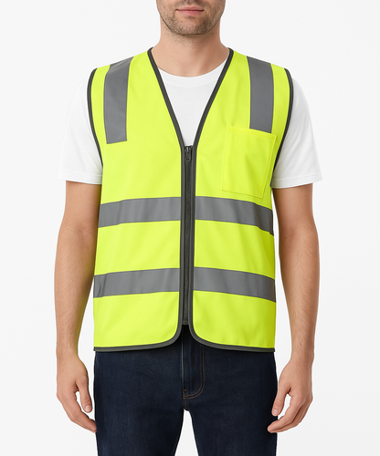 Hi Vis Safety Vest Reflective Tape Zip Up Workwear Pocket High Visibility in Yellow - M